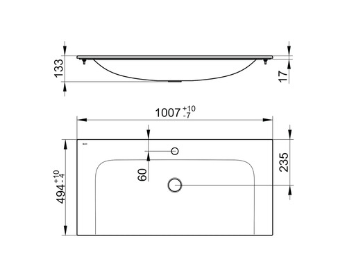 Technický nákres umývadla s rozmermi
