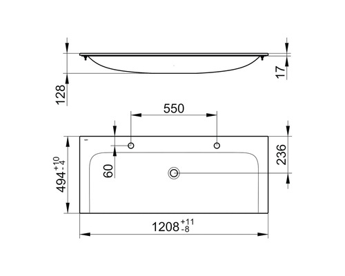 Technický nákres umývadla s rozmermi