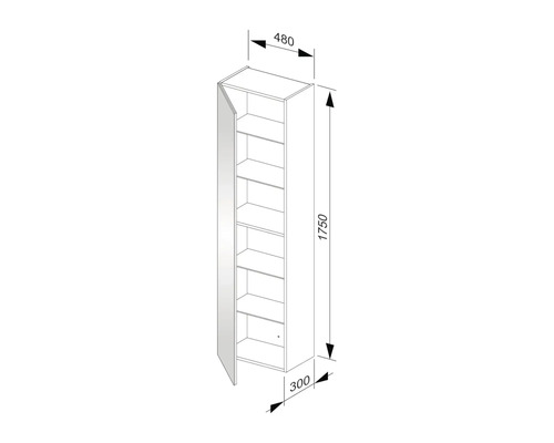 Technický nákres vysokej skrine s dverami a policami a rozmermi
