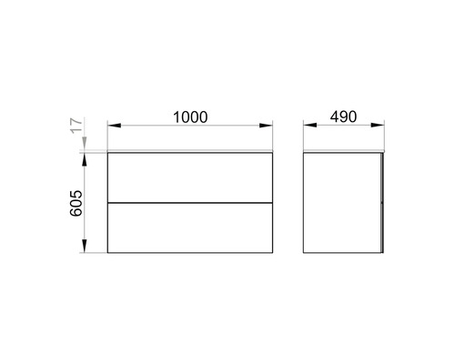 Rozmerový nákres skrinky pod umývadlo s rozmermi 1000 x 605 x 490 milimetrov.