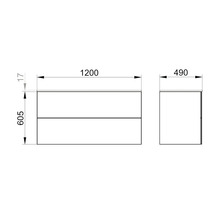 Rozmerový nákres skrinky pod umývadlo s rozmermi 1200 x 605 x 490 mm.