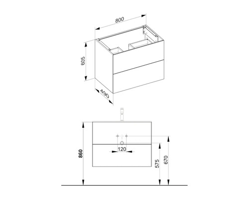 Technický nákres skrinky pod umývadlo s rozmermi