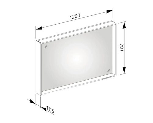Technický nákres obdĺžnikového zrkadla s rozmermi: šírka 1200 mm, výška 700 mm, hĺbka 105 mm.