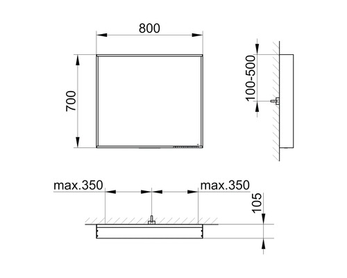Technický nákres zrkadlovej skrinky s rozmermi