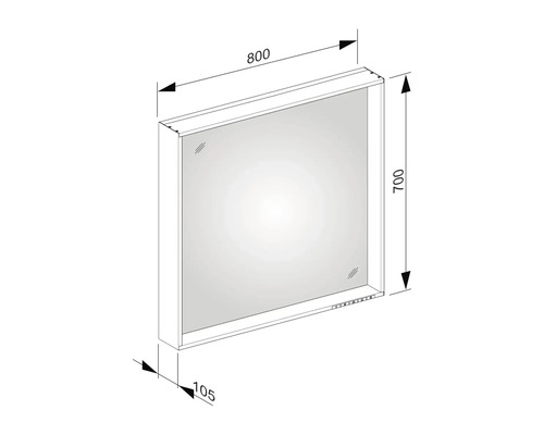 Technický nákres zrkadlovej skrinky s rozmermi 800 x 700 x 105 milimetrov.