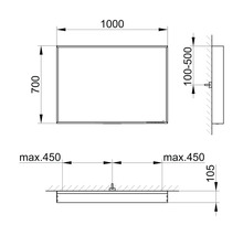 Technický výkres zrkadla s rozmermi 1000 x 700 mm.