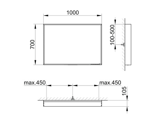 Technický výkres zrkadla s rozmermi 1000 x 700 mm.