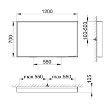 Technický nákres zrkadla s rozmermi 1200 x 700 mm