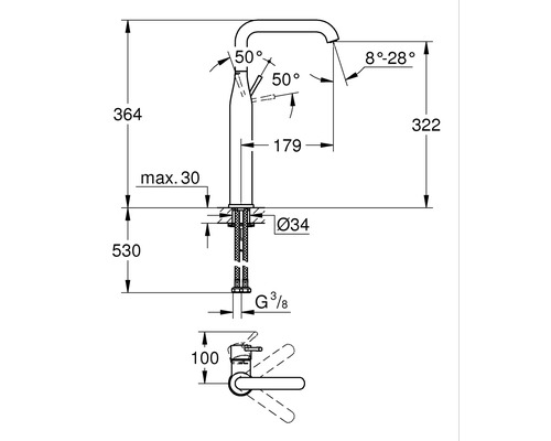 Rozmerový nákres kuchynskej batérie s údajmi o výške a uhle.