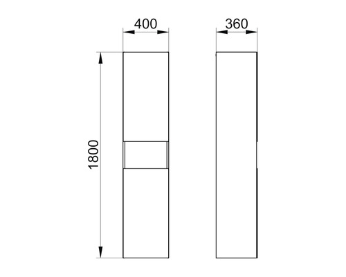 Technický nákres vysokej kúpeľňovej skrinky s rozmermi 1800 x 400 x 360 milimetrov.
