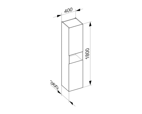 Technický nákres kúpeľňovej vysokej skrinky s rozmermi 1800 x 400 x 360 mm