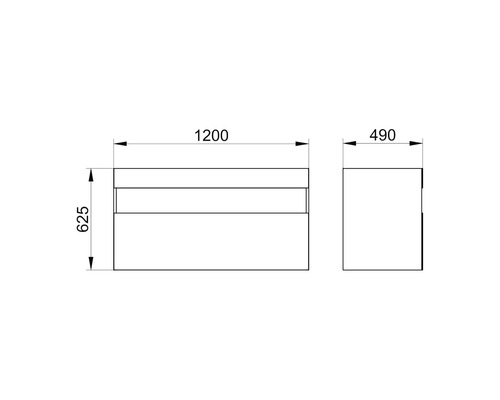Technický nákres skrinky pod umývadlo s rozmermi 1200 x 490 x 625 milimetrov