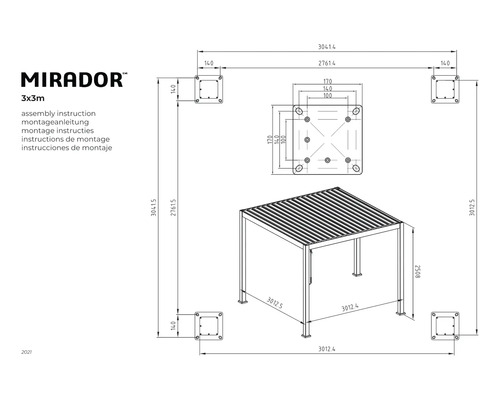 Montážny návod pre altánok Mirador 3x3 metre s rozmermi