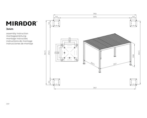 Nákres altánku Mirador 3x4 metre s rozmermi pre montáž