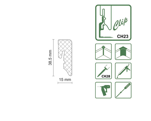 Klip CH23 s rozmermi 38,5 mm výška a 15 mm šírka, ako aj symboly pre montáž