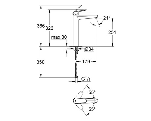 Technický nákres vodovodnej batérie s rozmermi