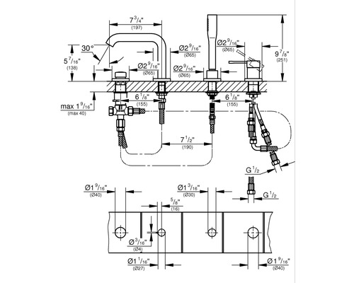Technický nákres armatúry s rozmermi na inštaláciu