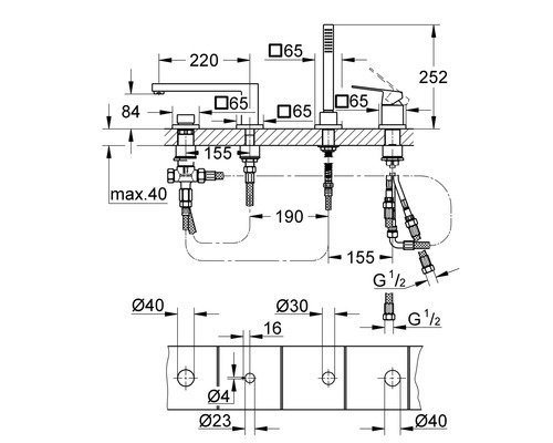 Technický nákres vaňovej batérie s rozmermi