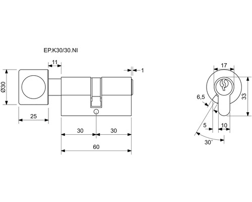 Technický nákres cylindrického zámku s rozmermi