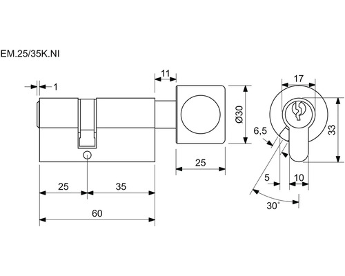 Technický nákres cylindrickej vložky zámku dverí s rozmermi