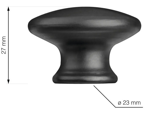 Nábytkový gombík s rozmermi 27 mm výšky a 23 mm priemeru.