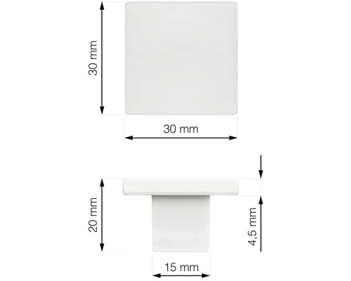 Technický nákres štvorcovej nábytkovej gombíka s rozmermi