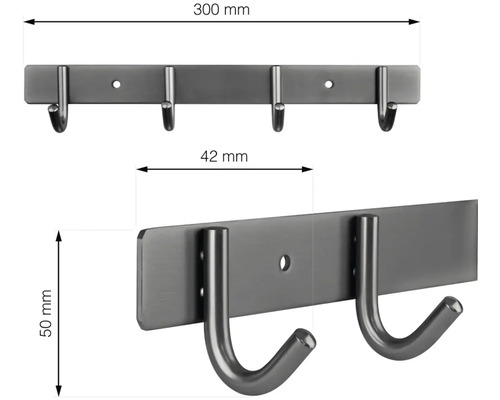Šatníkový panel so štyrmi háčikmi s rozmermi 300 mm dĺžka, 42 mm rozstup háčikov a 50 mm výška háčikov.