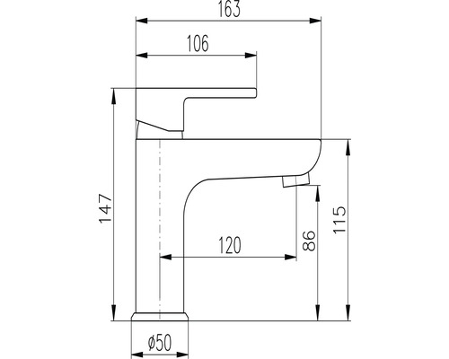 Technický nákres vodovodnej batérie s rozmermi