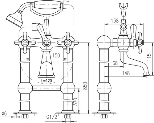 Technický nákres vaňovej batérie s ručnou sprchou a rozmermi