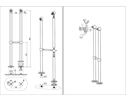 Technický nákres voľne stojacej vaňovej batérie s rozmermi