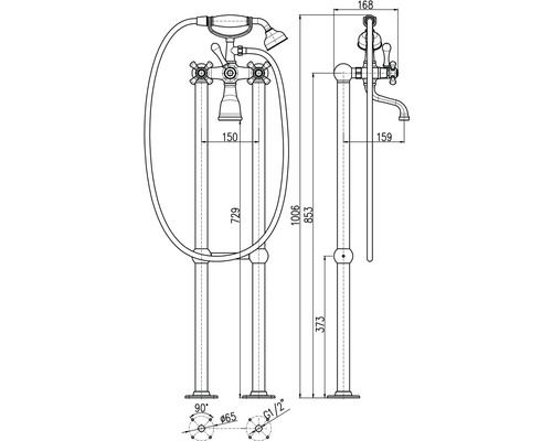 Technický výkres voľne stojacej vaňovej batérie s ručnou sprchou a rozmermi