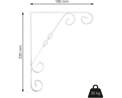 Rohová konzola s rozmermi 230 mm x 180 mm a maximálnou nosnosťou 30 kg