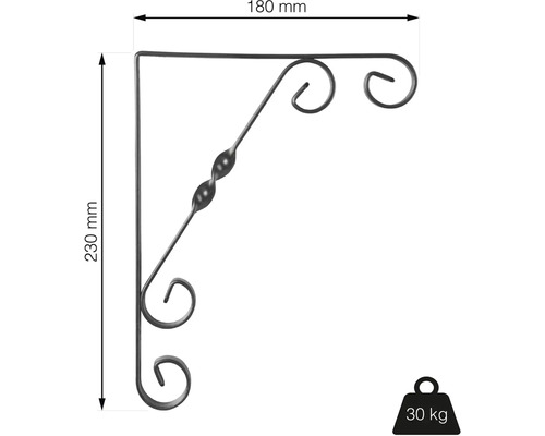 Nástenná konzola s rozmermi 180 mm x 230 mm a nosnosťou 30 kg.