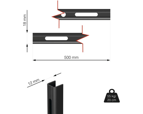 Obrázok kovového profilu s rozmermi 500 mm dĺžka, 18 mm výška a 12 mm šírka