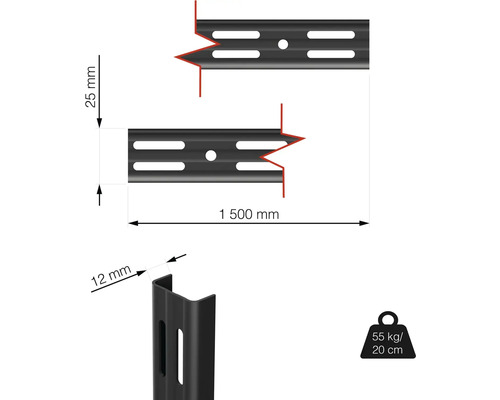 Technický nákres lišty pre police, dĺžka 1500 mm, nosnosť 55 kilogramov