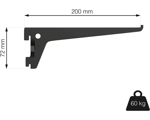 Držiak police s rozmermi 200 mm dĺžka a 72 mm výška a nosnosť 60 kg