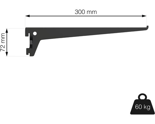 Policový držiak s rozmermi 300 mm x 72 mm a nosnosťou 60 kg