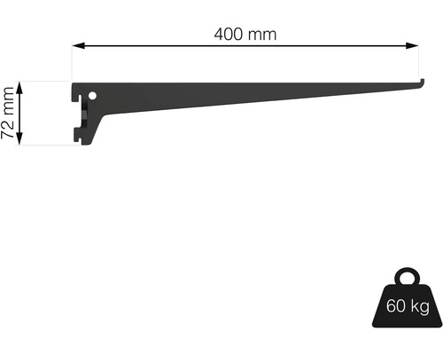 Policová konzola s rozmermi 400 mm dĺžka a 72 mm výška, nosnosť 60 kilogramov.