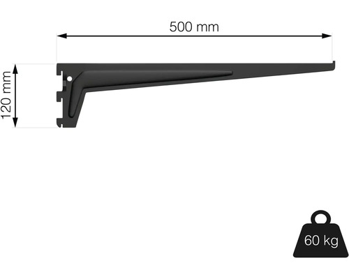 Konzola police s rozmermi 500 mm dĺžky a 120 mm výšky a nosnosťou 60 kg.