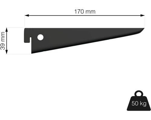 Konzola police s rozmermi 170 mm dĺžka a 39 mm výška, nosnosť 50 kg