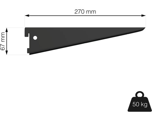 Konzola police s rozmermi 270 mm x 67 mm a nosnosťou 50 kilogramov.