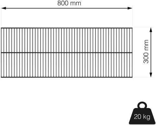 Obrázok roštu s rozmermi 800 mm krát 300 mm a hmotnosťou 20 kg.