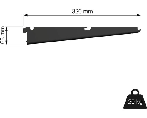 Konzola police s rozmermi 320 mm x 68 mm a nosnosťou 20 kilogramov.