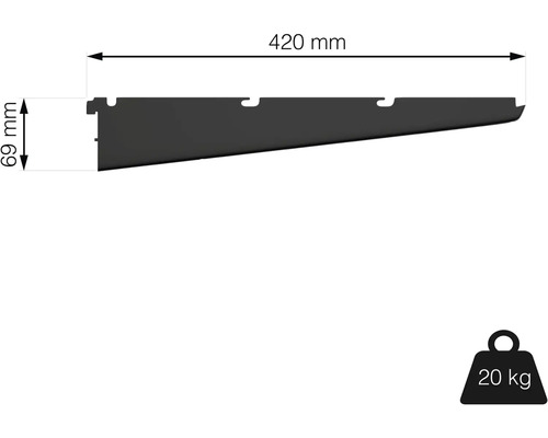 Nástenná polica s rozmermi 420 mm dĺžka a 69 mm výška, maximálna nosnosť 20 kg