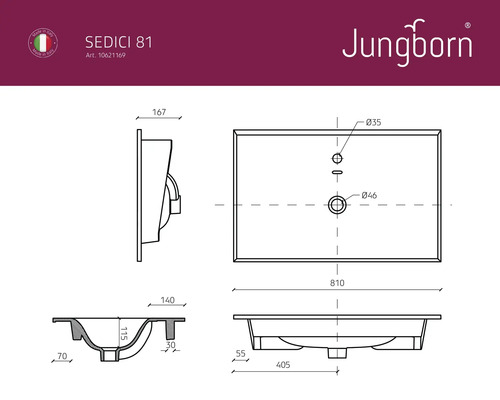 Technický nákres umývadla Jungborn s rozmermi
