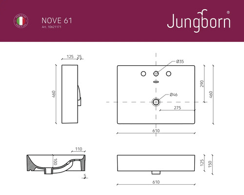 Technický nákres umývadla NOVE 61 od spoločnosti Jungborn s rozmermi