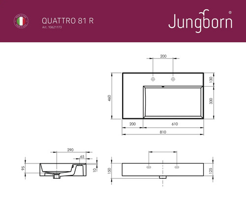 Technický nákres umývadla Jungborn Quattro 81 R s rozmermi
