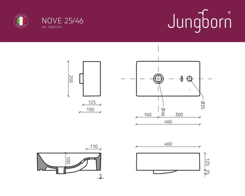 Technický nákres umývadla Jungborn s rozmermi