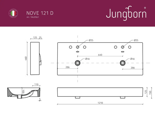 Technický nákres umývadla Jungborn Nove 121 D s rozmermi