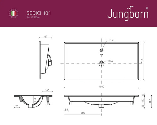 Technický nákres umývadla Jungborn Sedici 101 s rozmermi